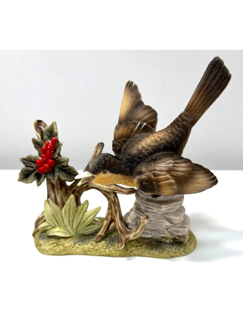 Vintage Christmas Royal Crown Ceramic Bird Figurine With Holly Red Berries & Tre